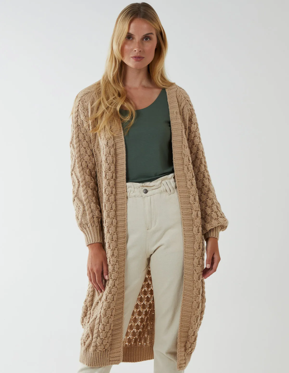 V Neck Cable Long Cardigan sold by Blue Vanilla