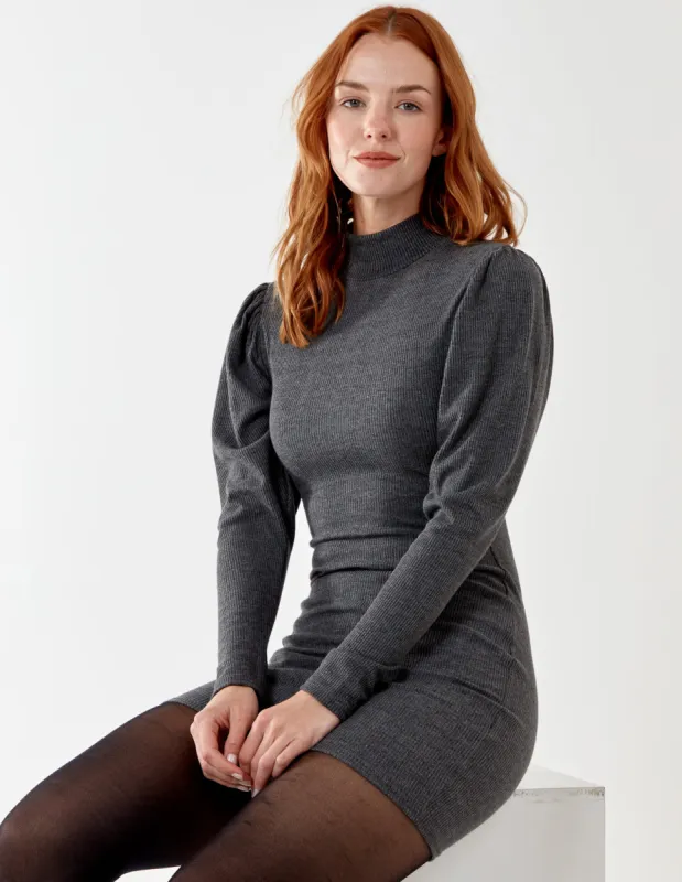 Ribbed Puff Sleeve High Neck Dress made by Blue Vanilla