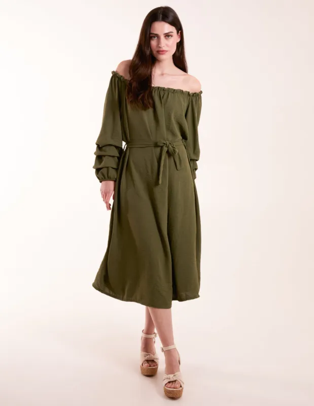Puff Sleeve Belted Bardot Dress sold by Blue Vanilla