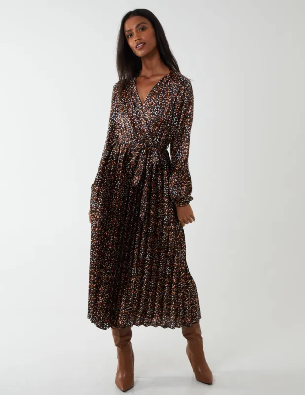 Wrap Front Belted Pleated Midi Dress made by Blue Vanilla