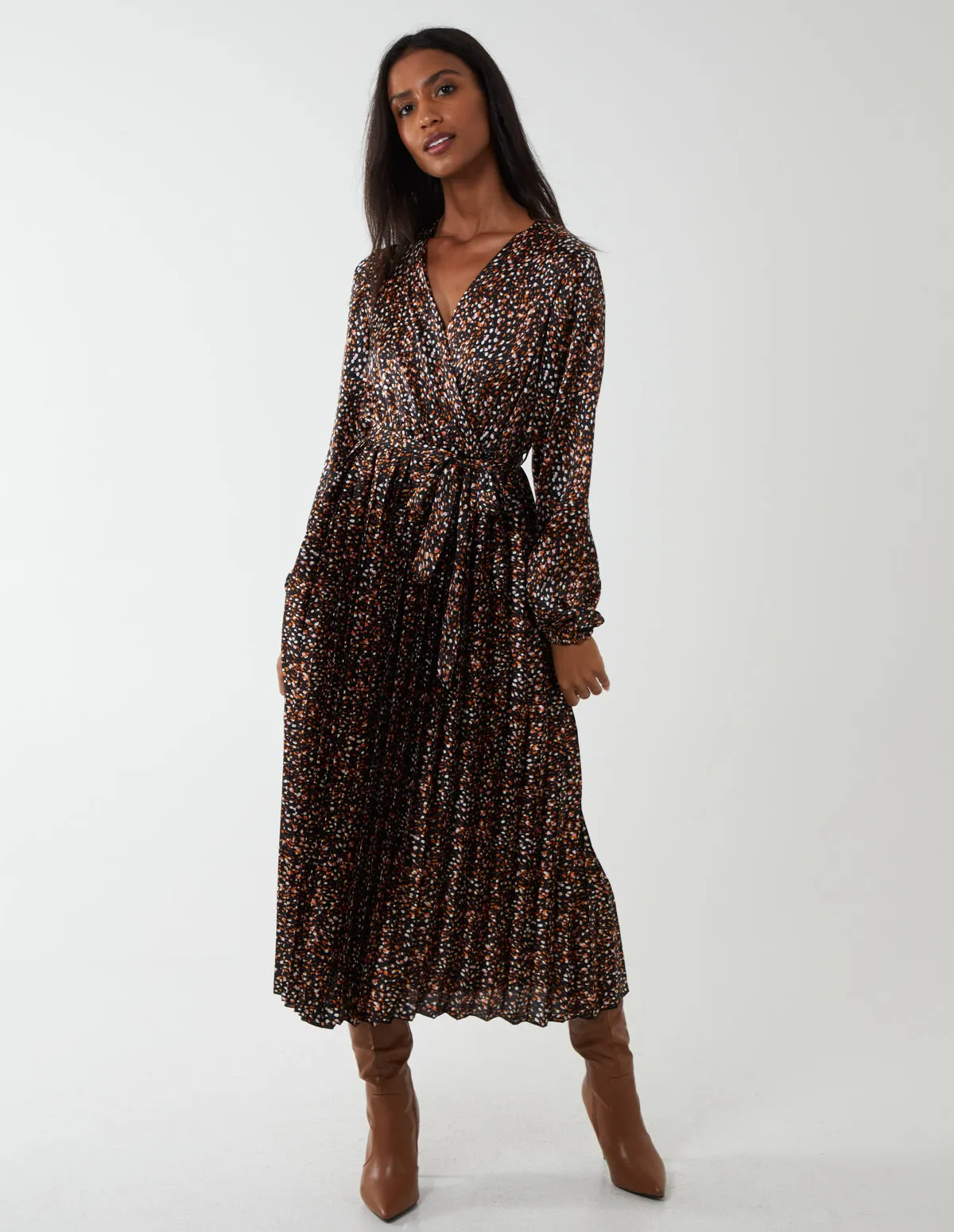 Wrap Front Belted Pleated Midi Dress sold by Blue Vanilla