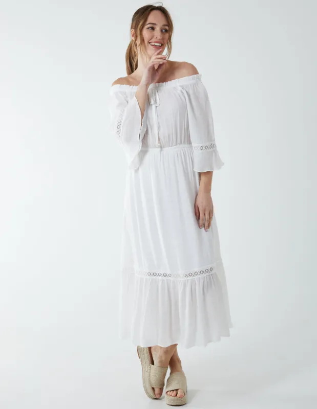 Off Shoulder Elasticated Lace Insert Midi Dress sold by Blue Vanilla