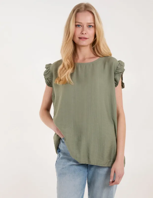 Button Back Frill Shoulder Top sold by Blue Vanilla