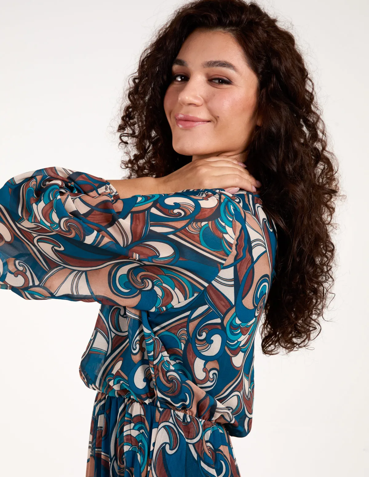 Swirl Print High Neck Blouson Pleated Dress sold by Blue Vanilla product image thumbnail 2