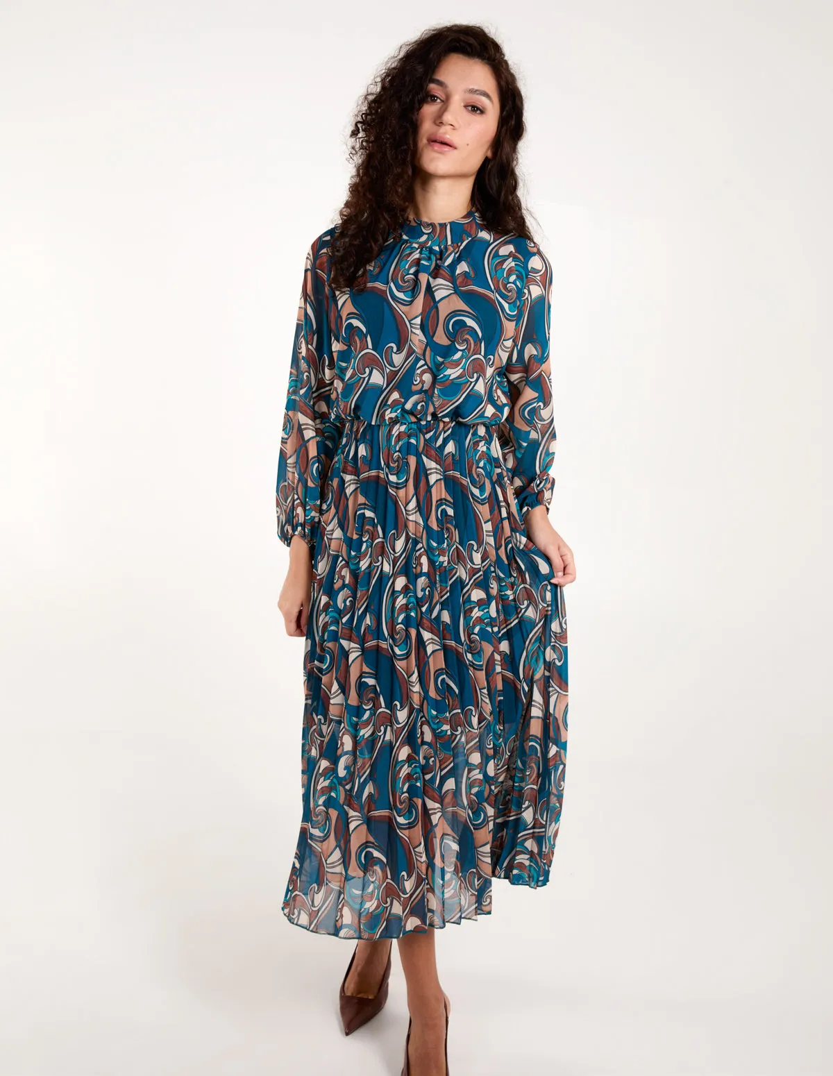 Swirl Print High Neck Blouson Pleated Dress sold by Blue Vanilla product image thumbnail 3
