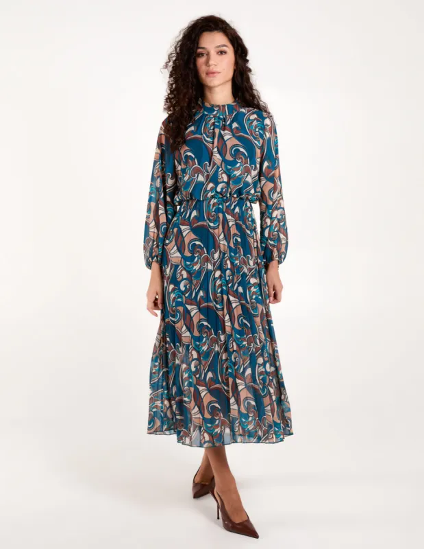 Swirl Print High Neck Blouson Pleated Dress sold by Blue Vanilla