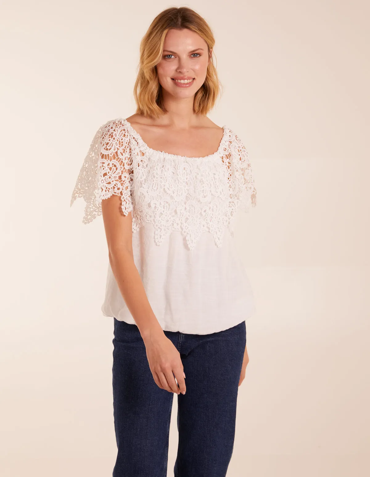 Crochet Lace Milkmaid Puff Ball Top sold by Blue Vanilla