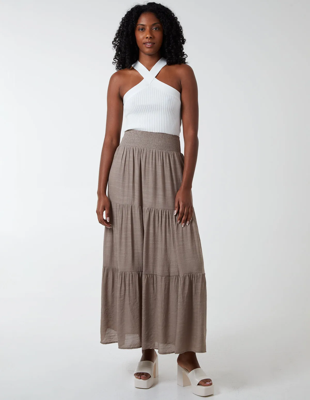 Shirring Waist Tiered Maxi Skirt sold by Blue Vanilla