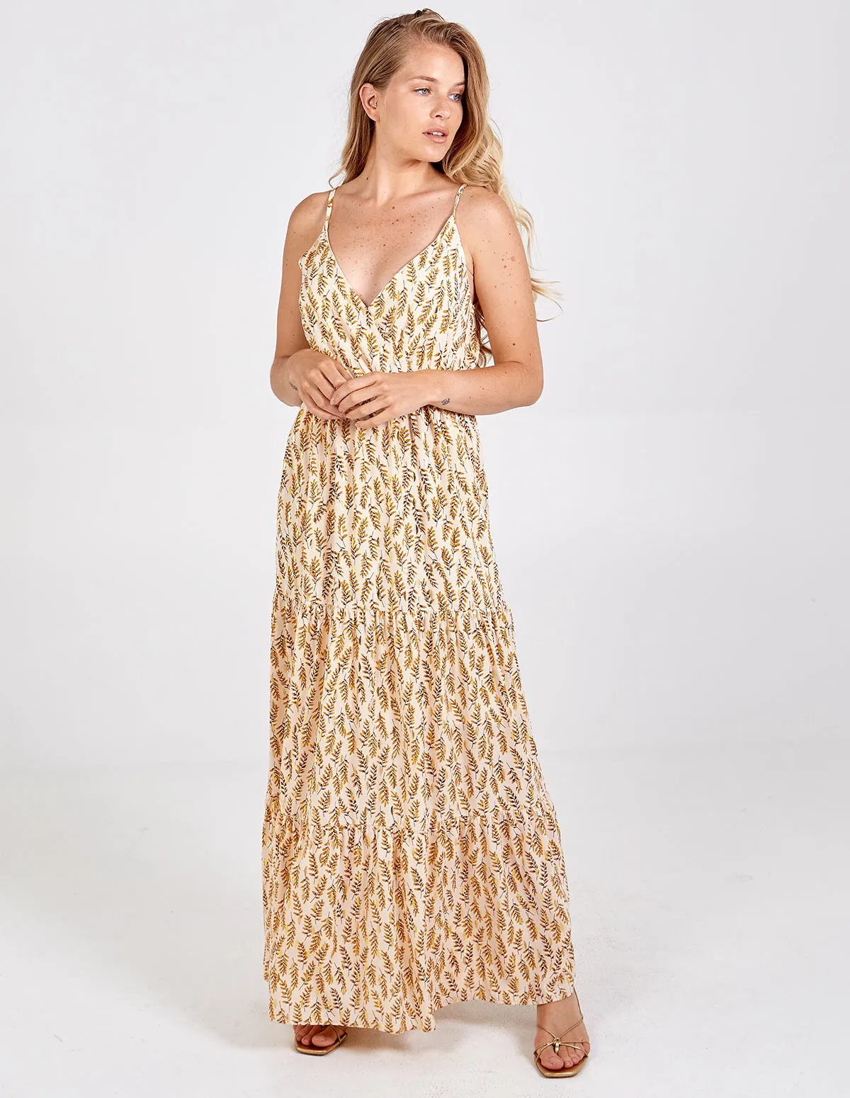 Gold Detail Tiered Wrap Front Maxi Dress sold by Blue Vanilla