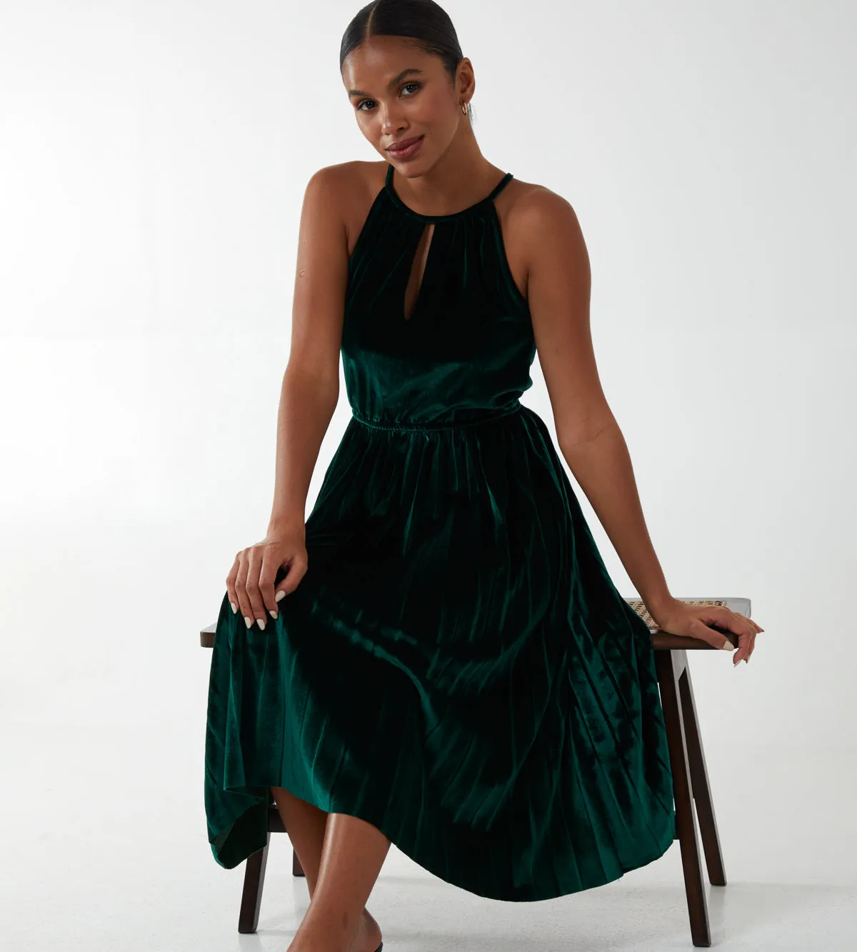 Halter Neck Pleated Velvet Midi Dress sold by Blue Vanilla
