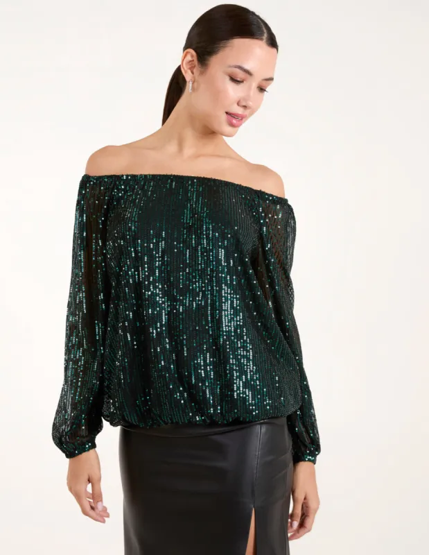 Bardot Elastic Neck Puffball Sequin Top sold by Blue Vanilla