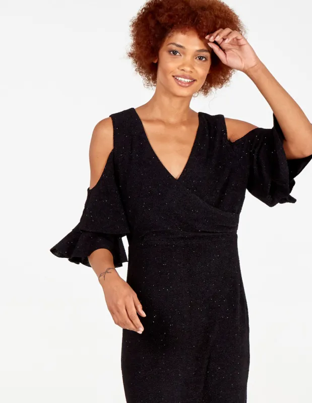 Cold Shoulder Ruffle Sparkle Midi Dress made by Blue Vanilla
