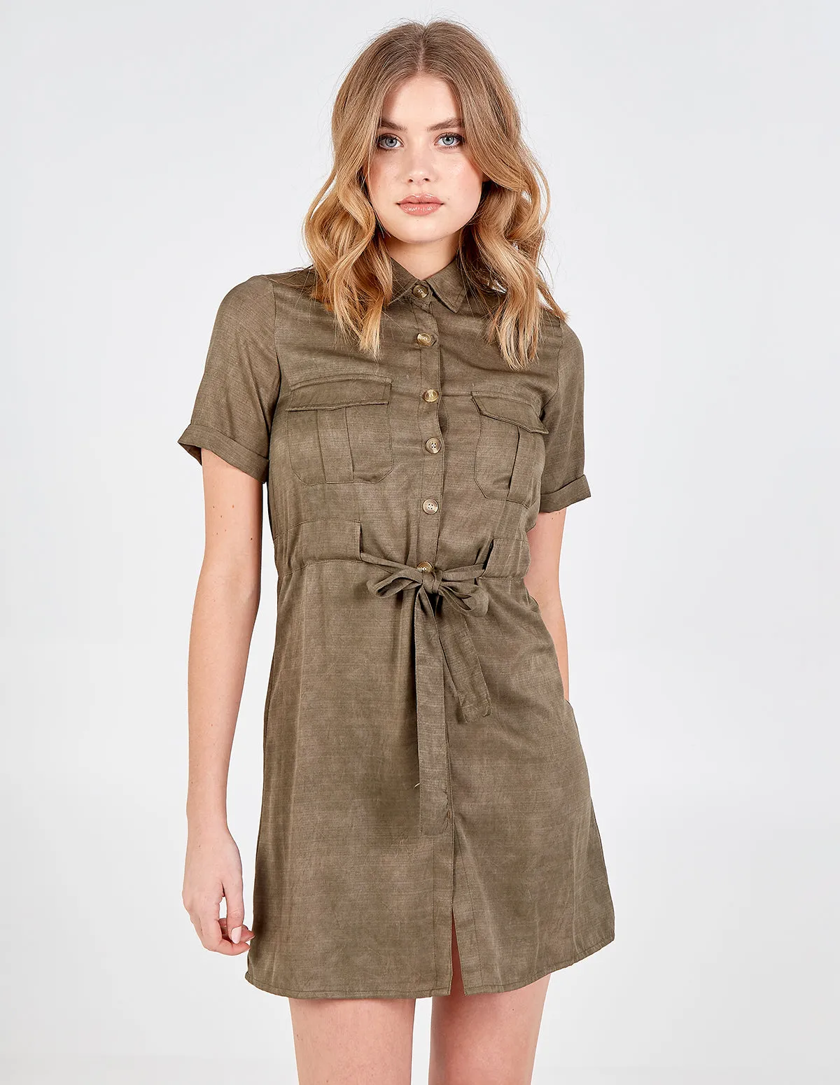 Button Front Tie Waist Shirt Dress sold by Blue Vanilla