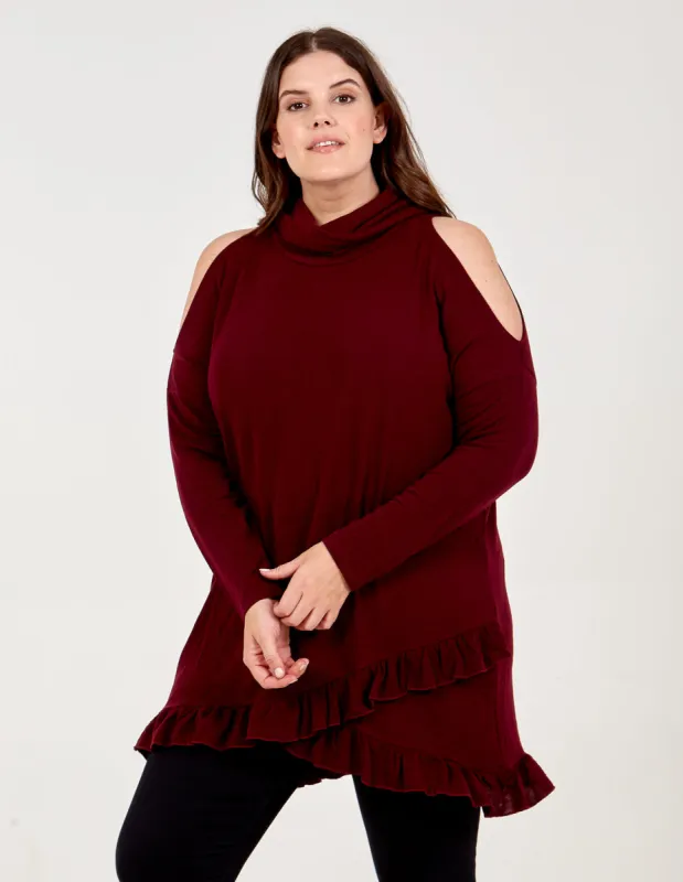 JIA - Curve Frill Hem Cold Shoulder Top sold by Blue Vanilla