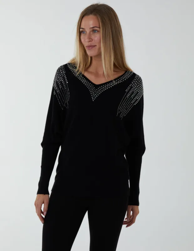 Diamante Shoulder V Neck Top sold by Blue Vanilla