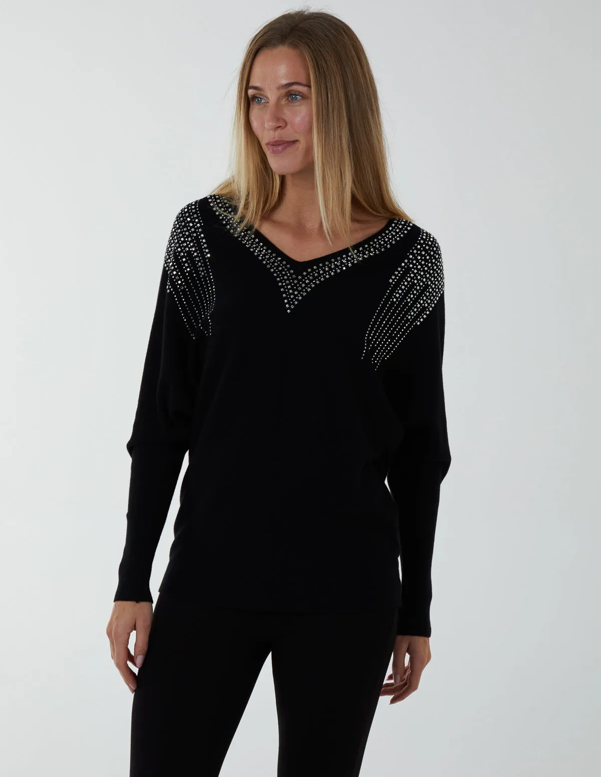 Diamante Shoulder V Neck Top sold by Blue Vanilla