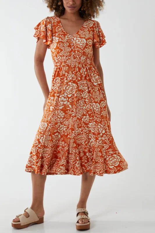 Ruffle Sleeve Elasticated Midi Dress sold by Blue Vanilla