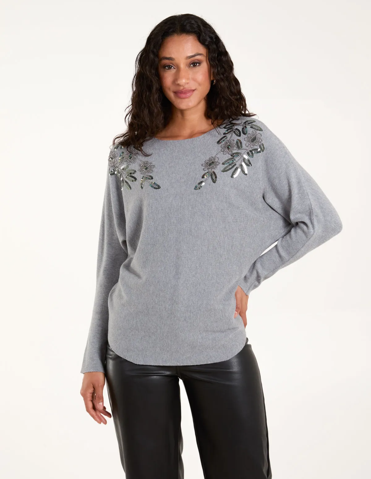 Sequin Flower Detail Batwing Jumper sold by Blue Vanilla