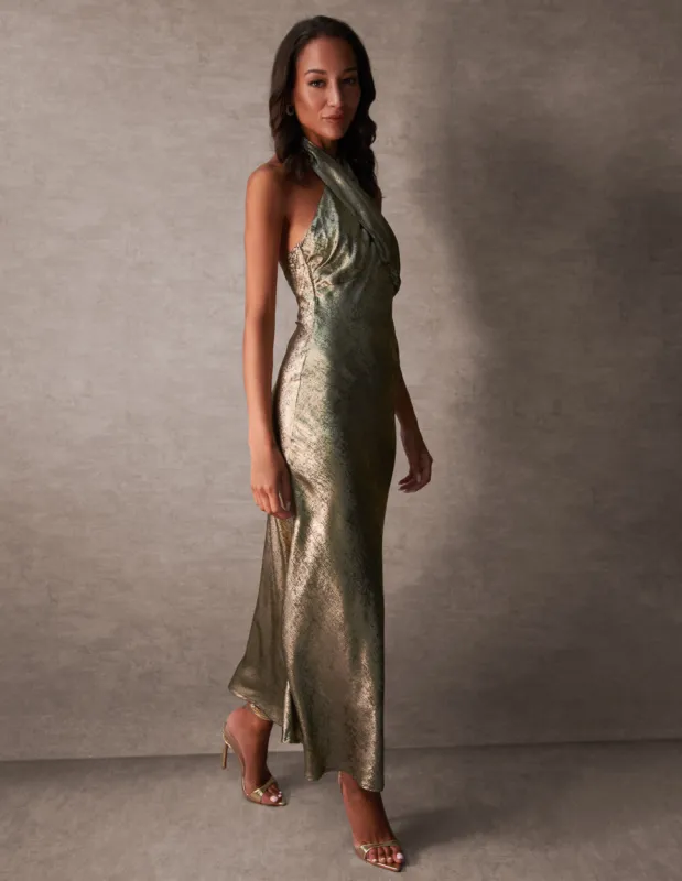 Luxe Twist Front Halter Neck Lame Midi Dress sold by Blue Vanilla