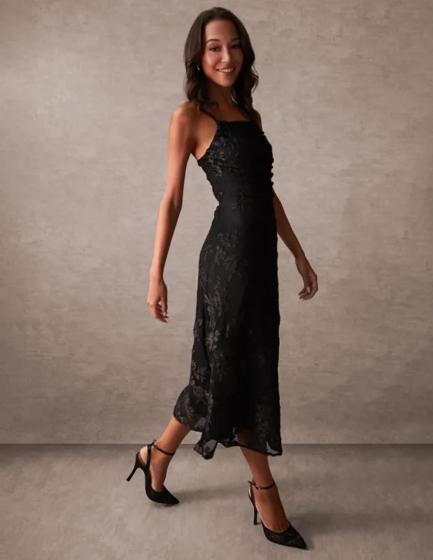 Luxe Ruched Devore Midi Dress sold by Blue Vanilla