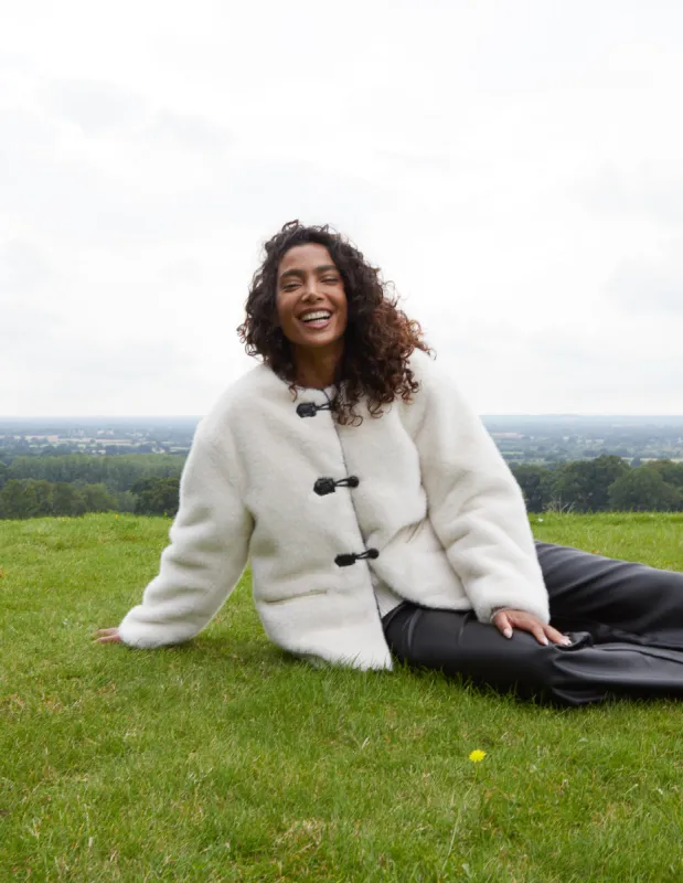 Collarless Toggle Detail Fur Jacket sold by Blue Vanilla