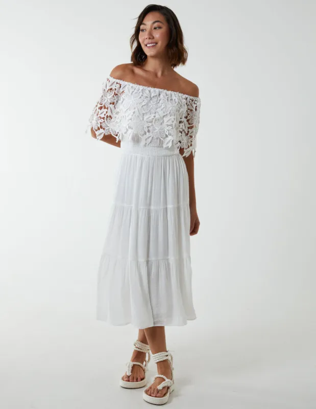 Crochet Lace Shirred Waist Midi Dress sold by Blue Vanilla