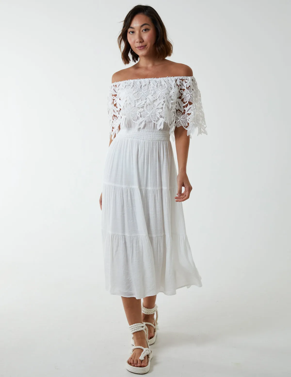 Crochet Lace Shirred Waist Midi Dress sold by Blue Vanilla product image thumbnail 3