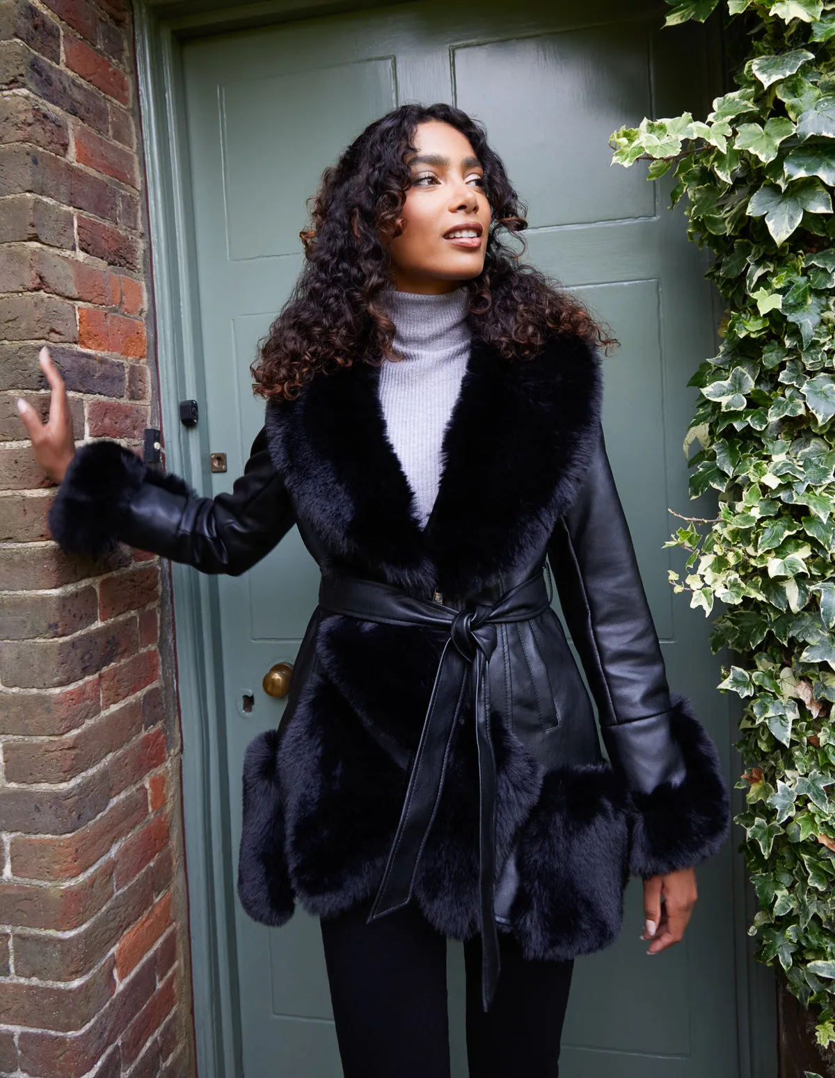 Panel Fur Pu Belted Coat sold by Blue Vanilla