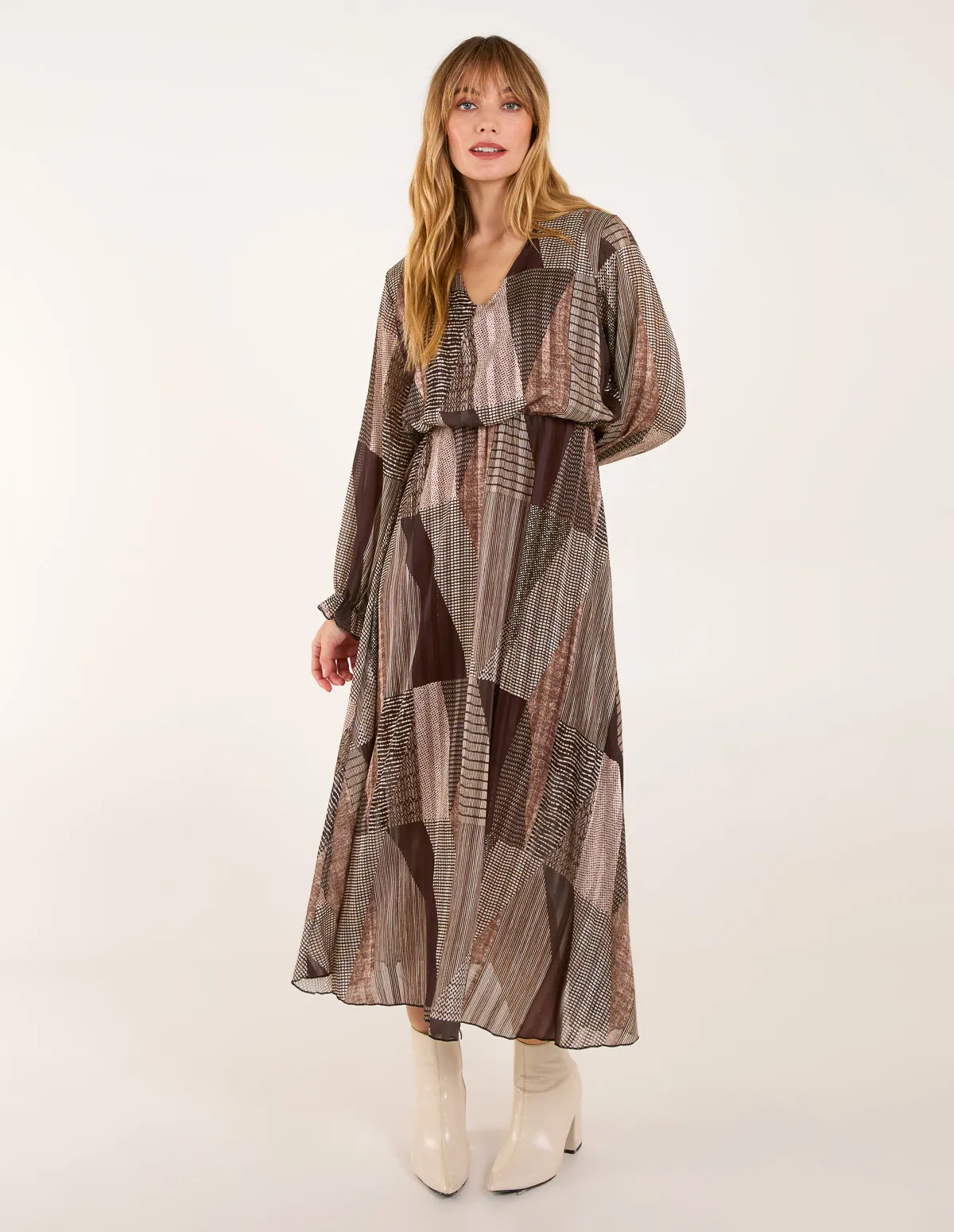 V Neck Metallic Patchwork Print Dress sold by Blue Vanilla product image thumbnail 3