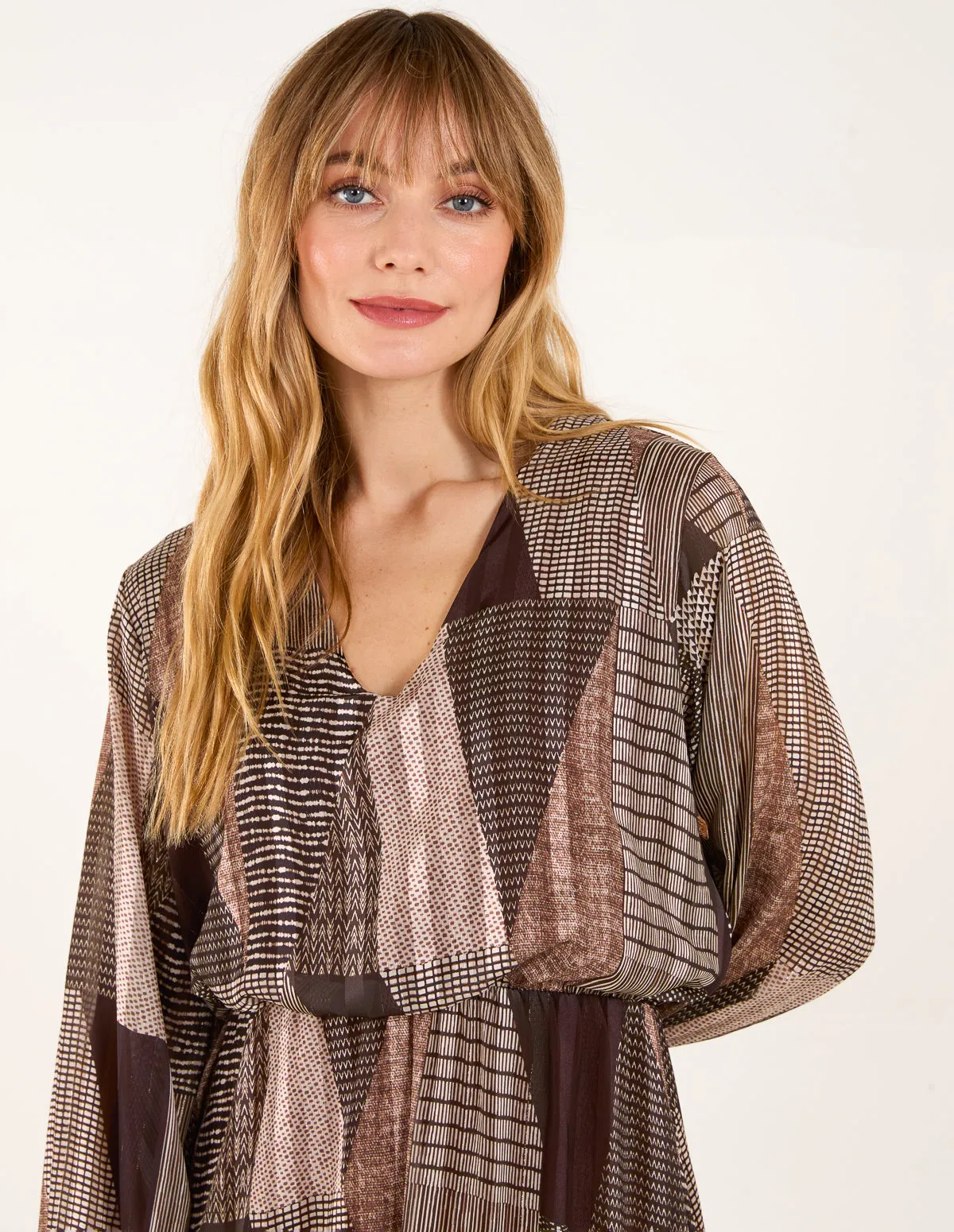 V Neck Metallic Patchwork Print Dress sold by Blue Vanilla product image thumbnail 2