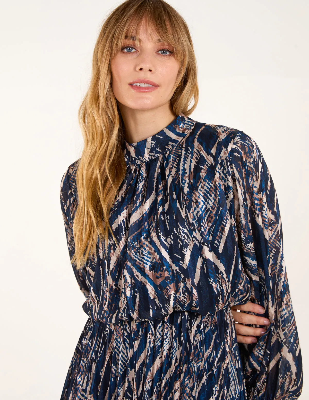 High Neck Pleated Digital Wave Abstract Dress sold by Blue Vanilla product image thumbnail 2