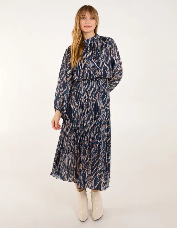 High Neck Pleated Digital Wave Abstract Dress made by Blue Vanilla