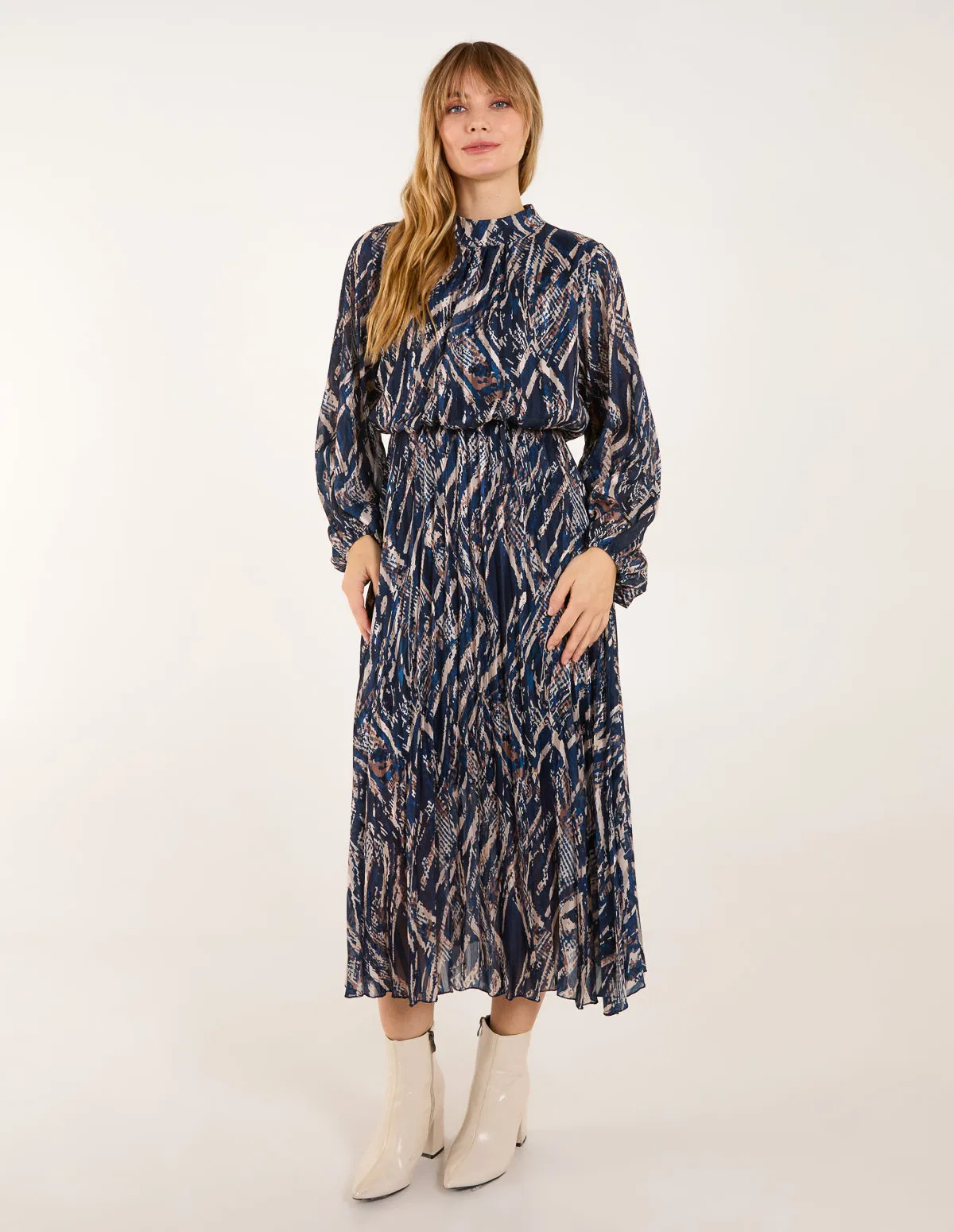 High Neck Pleated Digital Wave Abstract Dress sold by Blue Vanilla product image thumbnail 3