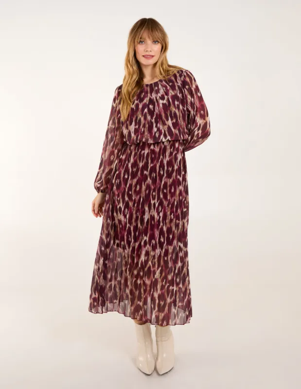 Round Neck Pleated Abstract Leopard Dress sold by Blue Vanilla