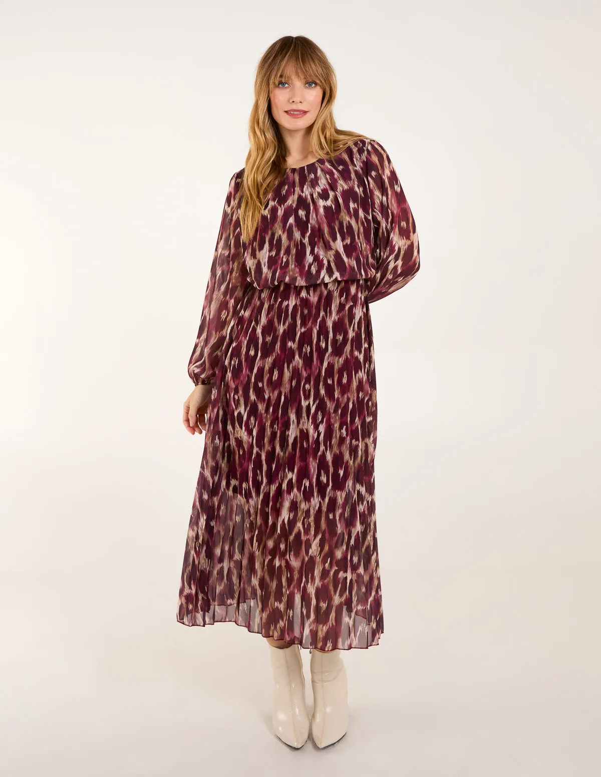Round Neck Pleated Abstract Leopard Dress sold by Blue Vanilla