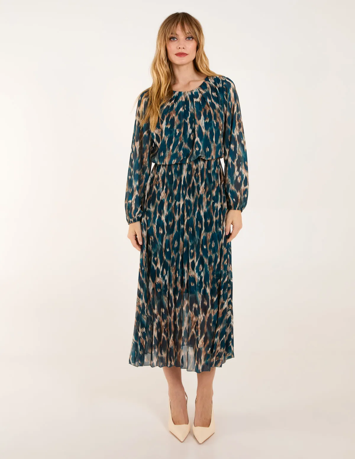 Round Neck Pleated Abstract Leopard Dress sold by Blue Vanilla