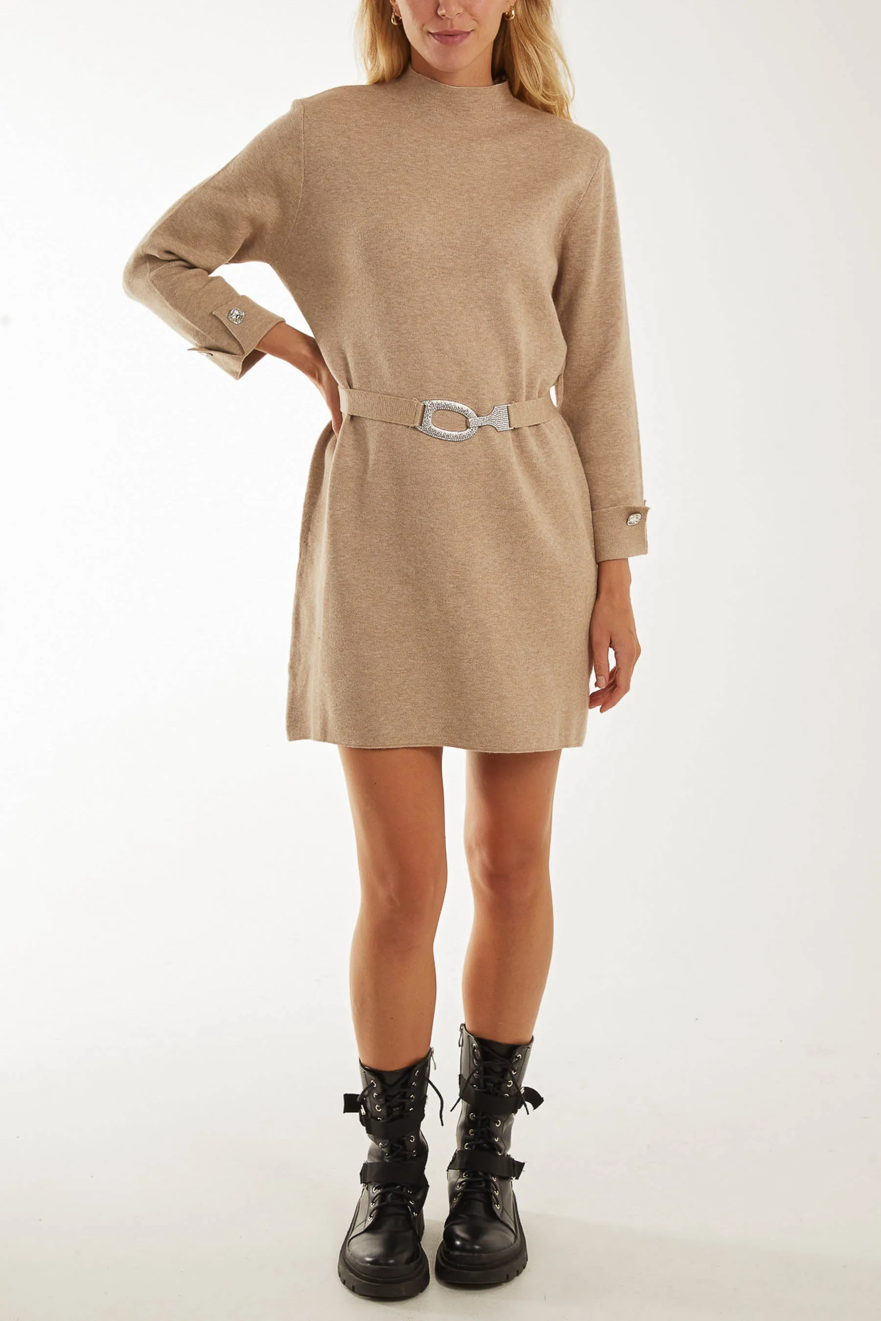 High Neck Diamante Belt Knitted Dress sold by Blue Vanilla