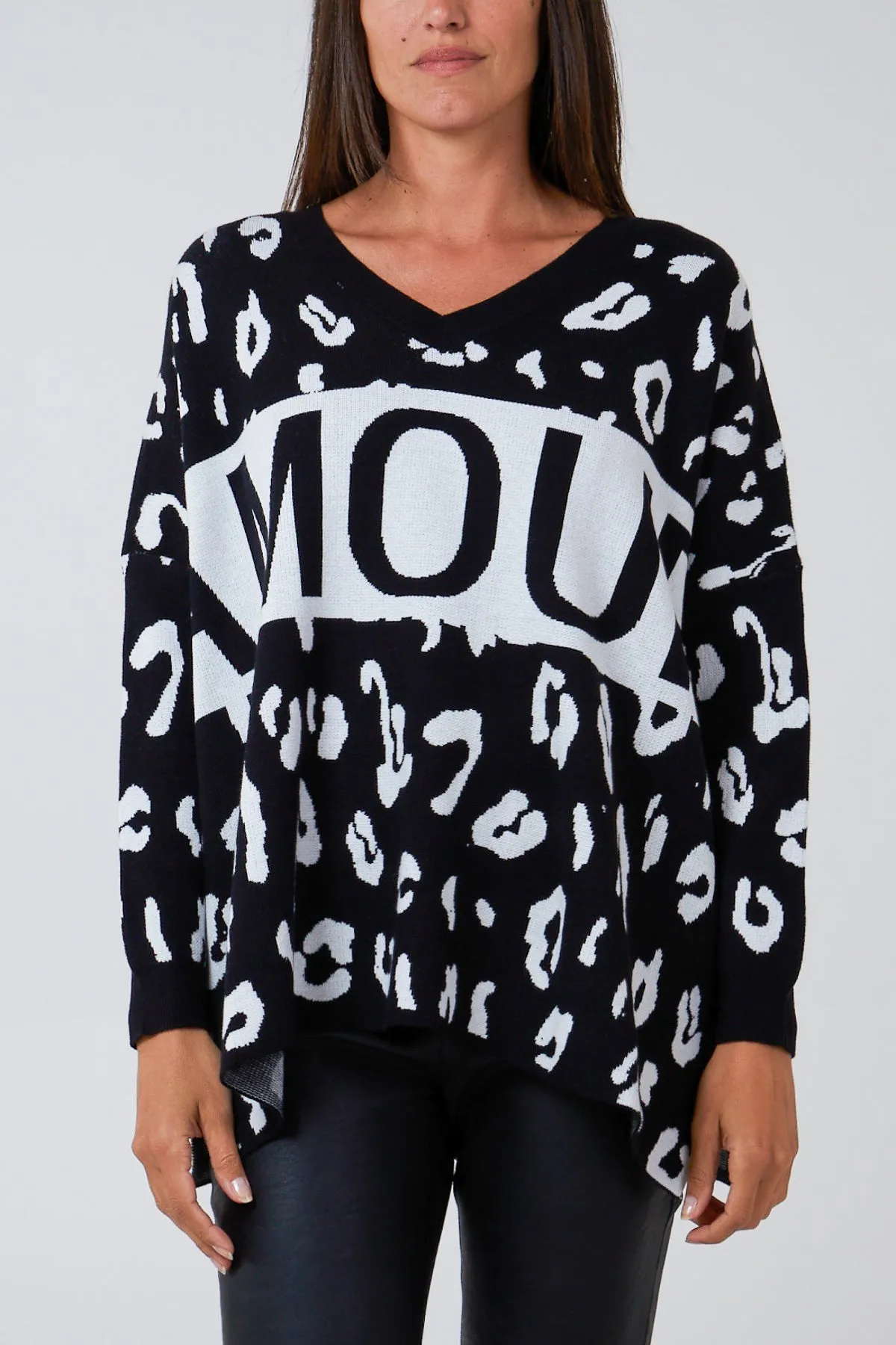 Amour Slogan V Neck Leopard Jumper sold by Blue Vanilla