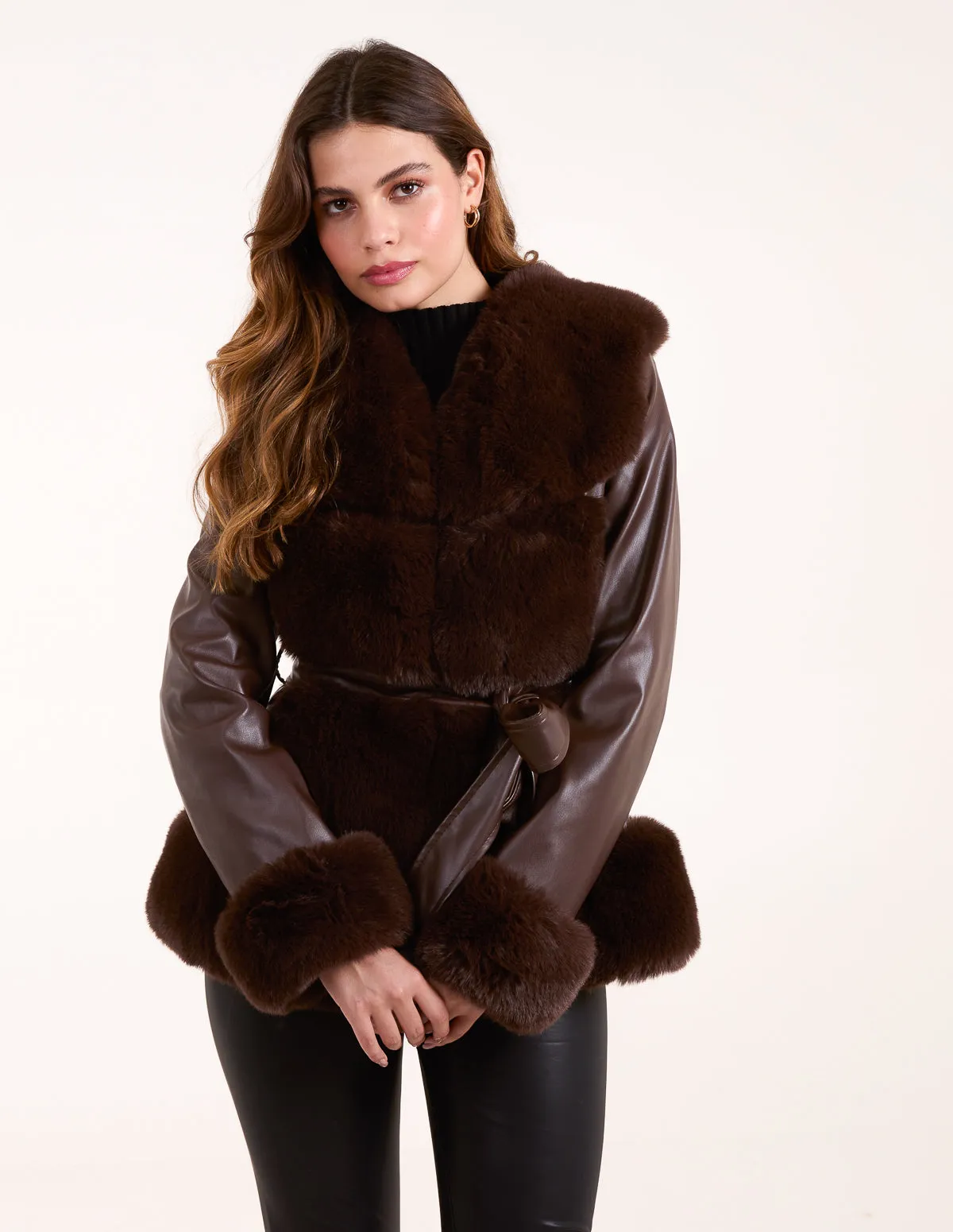 Panel Faux Fur Pu Belted Coat sold by Blue Vanilla