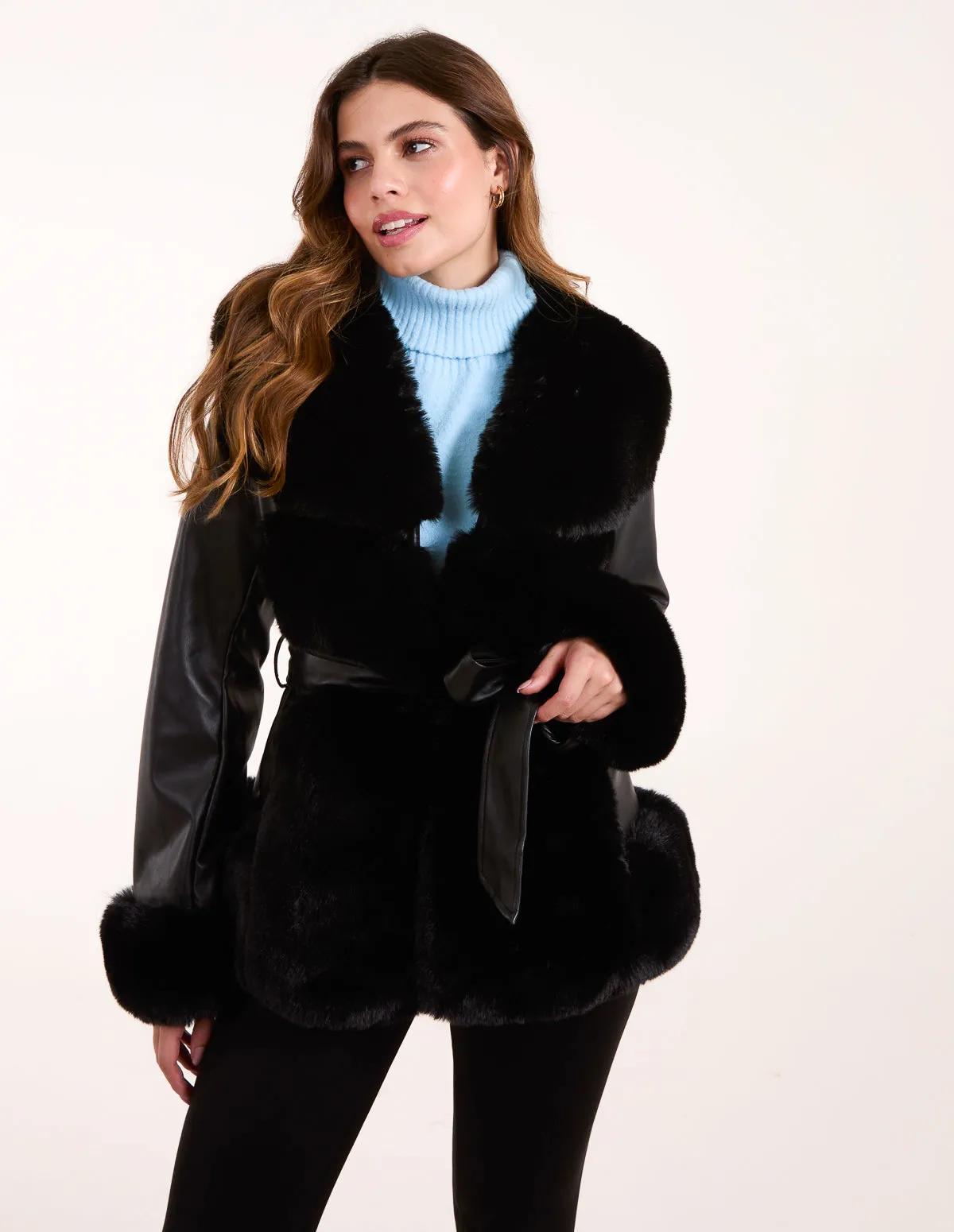 Panel Faux Fur Pu Belted Coat sold by Blue Vanilla product image thumbnail 2