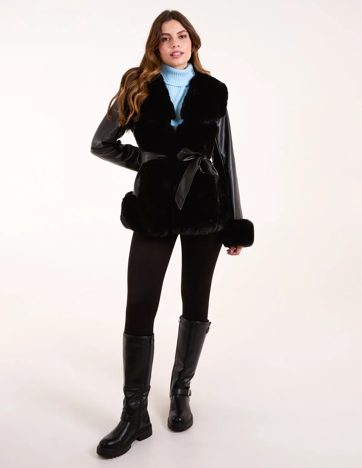 Panel Faux Fur Pu Belted Coat sold by Blue Vanilla product image thumbnail 4