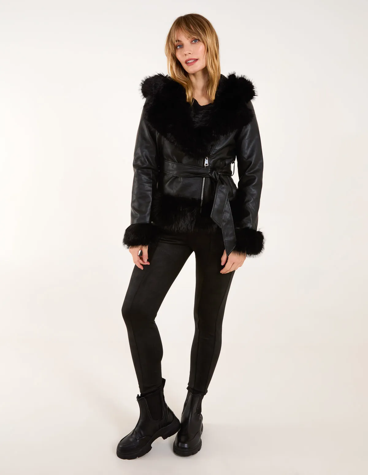 Hooded Zip Faux Fur Cropped Leather Look Jacket sold by Blue Vanilla product image thumbnail 3