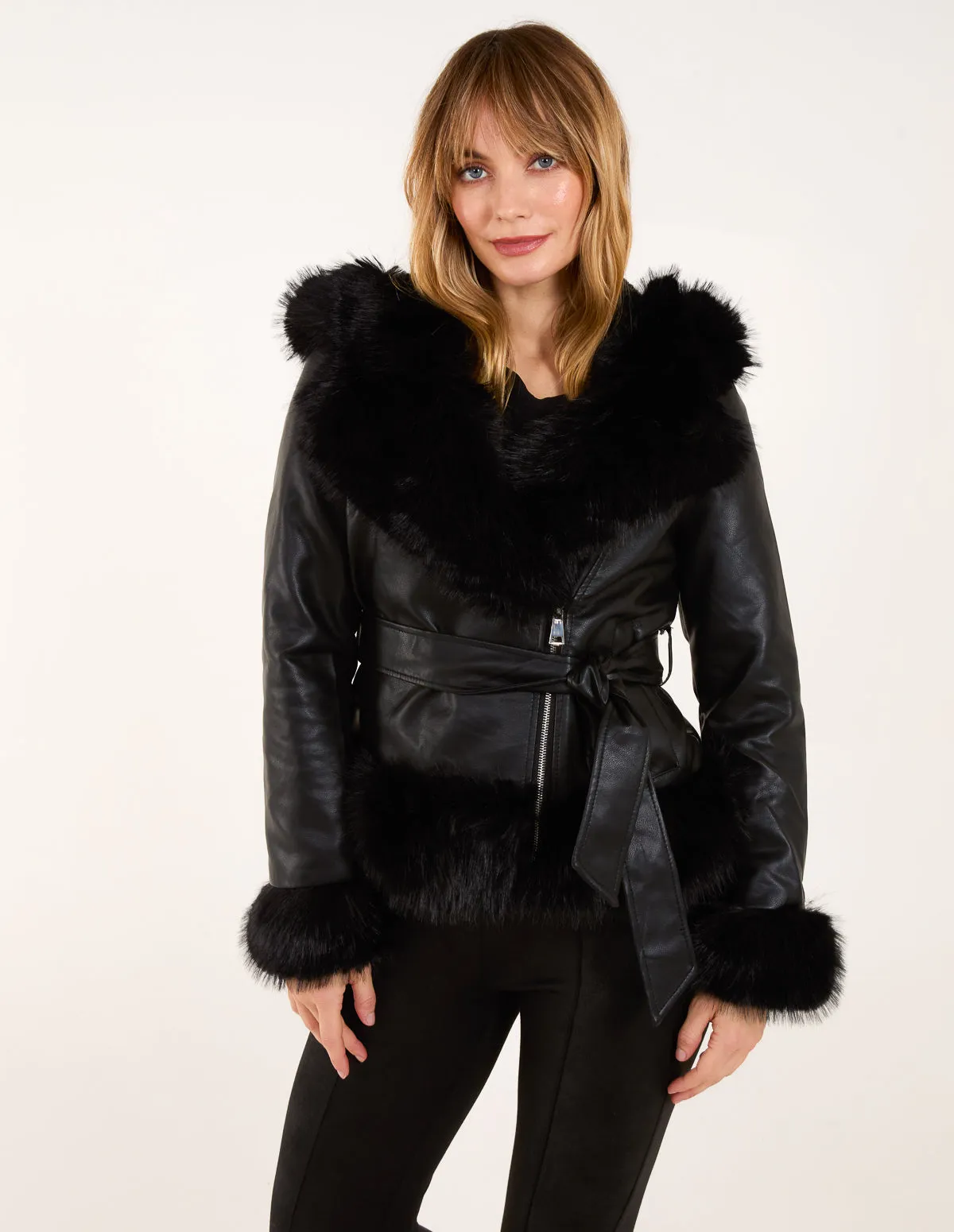 Hooded Zip Faux Fur Cropped Leather Look Jacket sold by Blue Vanilla