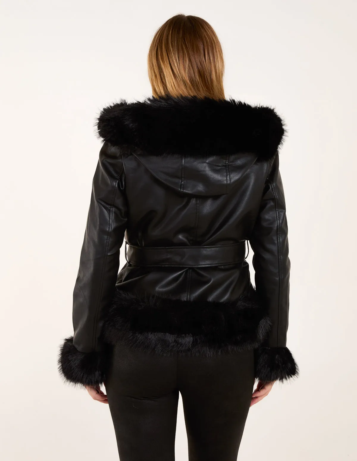 Hooded Zip Faux Fur Cropped Leather Look Jacket sold by Blue Vanilla product image thumbnail 4