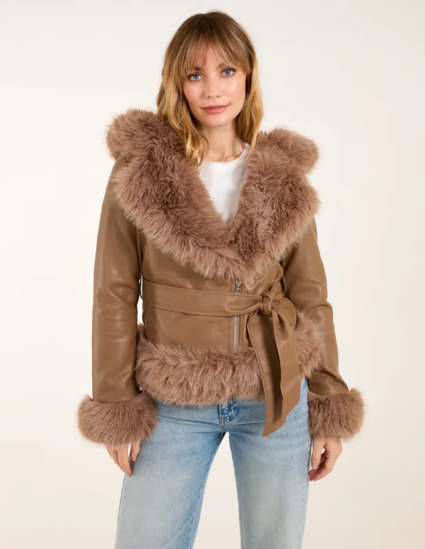 Hooded Zip Faux Fur Cropped Leather Look Jacket sold by Blue Vanilla