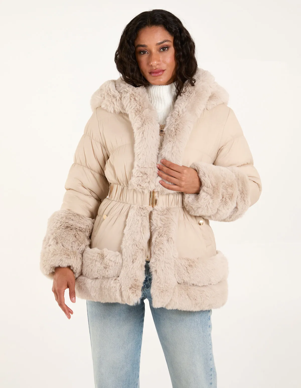 Faux Fur Trim Belted Puffer Coat sold by Blue Vanilla