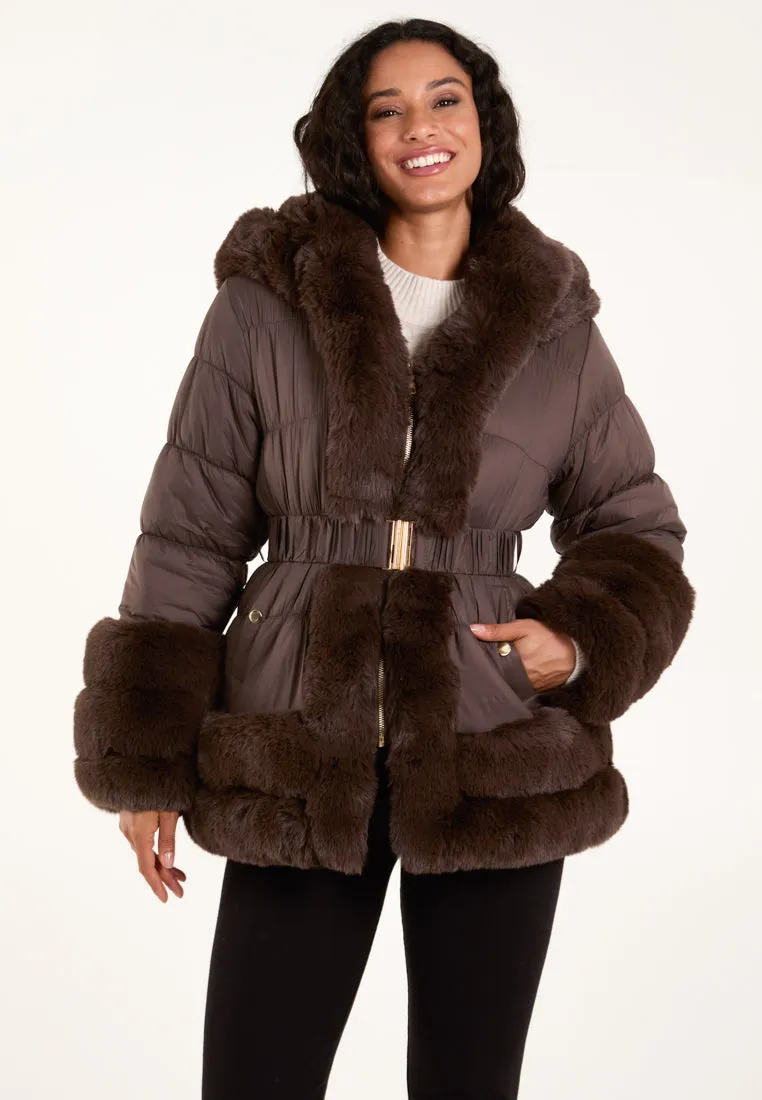 Faux Fur Trim Belted Puffer Coat sold by Blue Vanilla