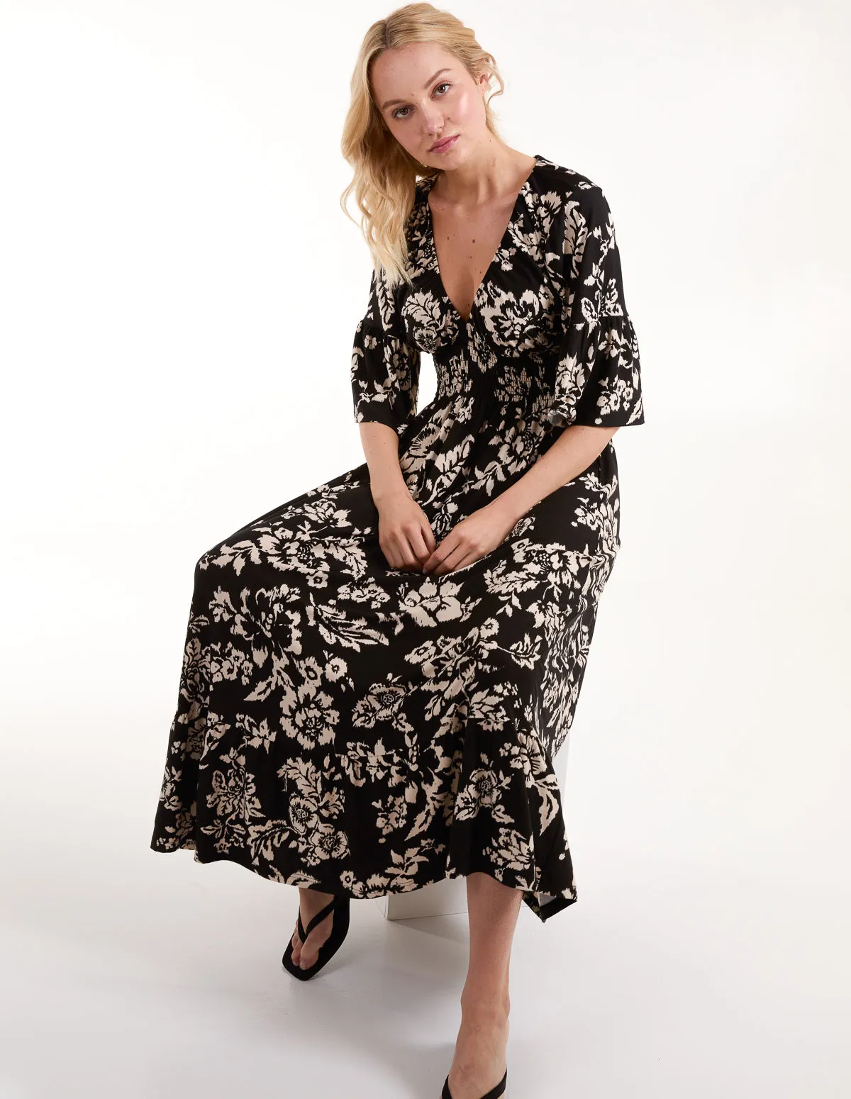 Elasticated Neck Shirred Waist Midi Dress sold by Blue Vanilla