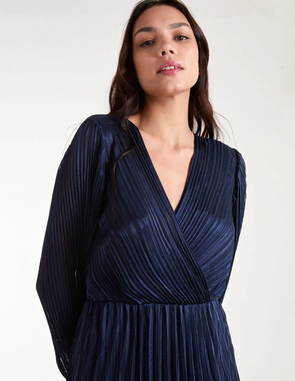 Metallic Wrap Front Plisse Midi Dress sold by Blue Vanilla product image thumbnail 3