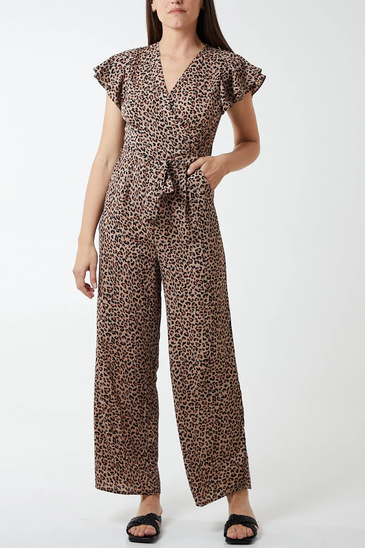 Leopard Print Wrap Front Frill Sleeve Jumpsuit sold by Blue Vanilla